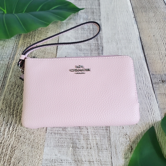 Coach Handbags - COACH | Pebble Leather Double Corner Zip Wristlet in Carnation